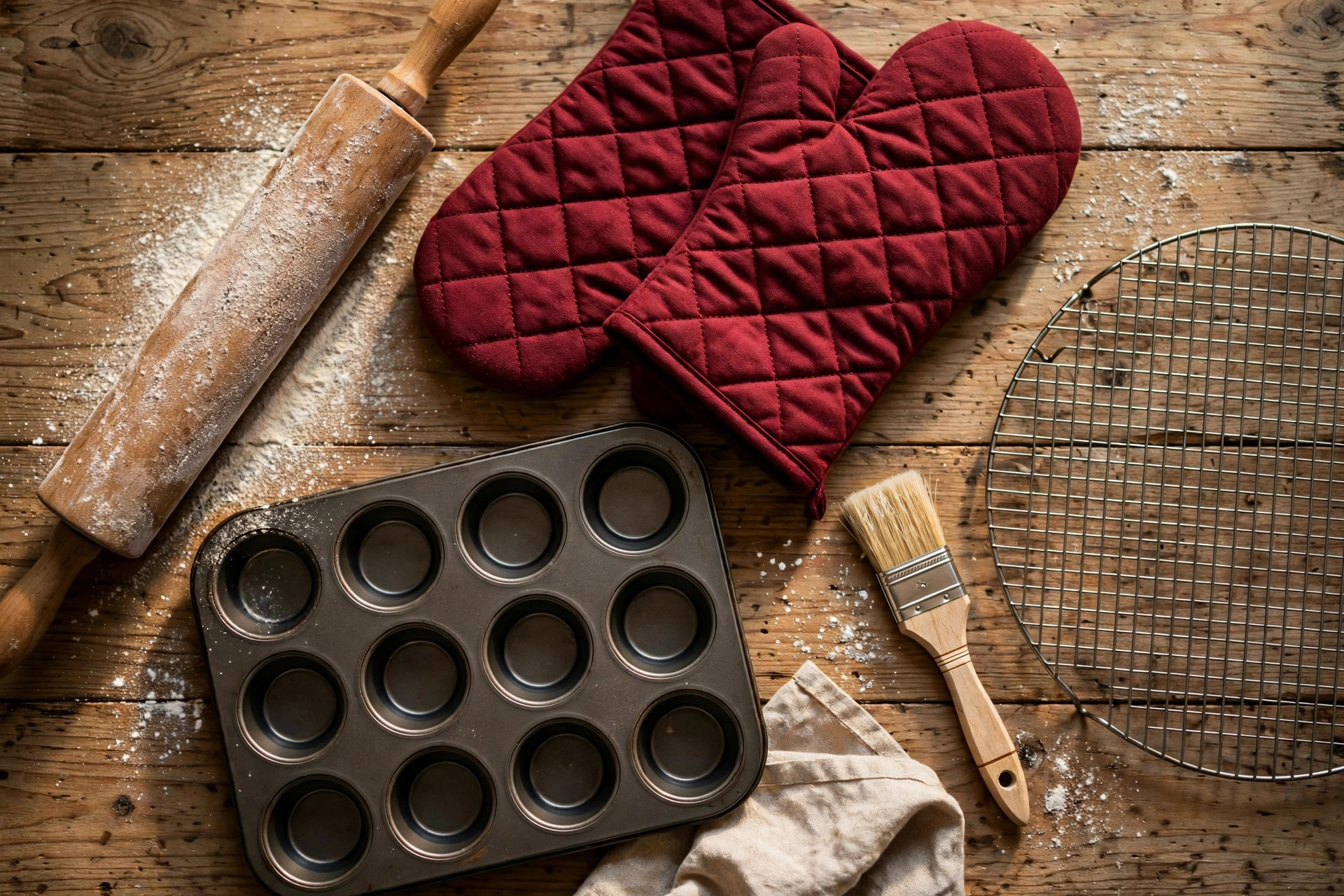 Rouleau à pâtisserie, maniques et plaque de cuisson sur une table en bois