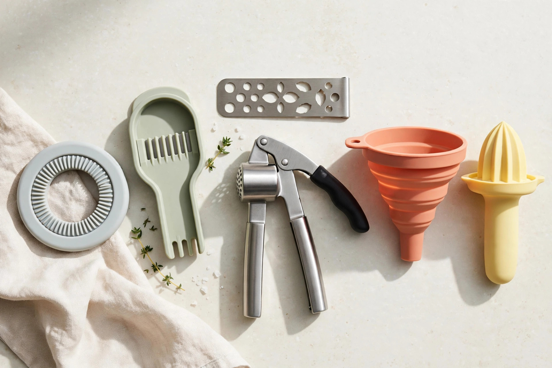 Petits gadgets de cuisine ingénieux alignés sur un plan de travail clair