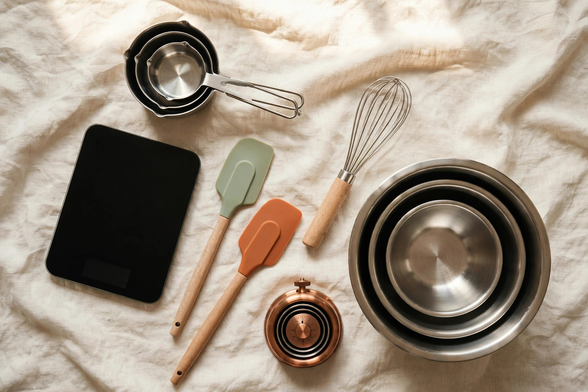 Outils de préparation et de mesure posés sur un linge en lin